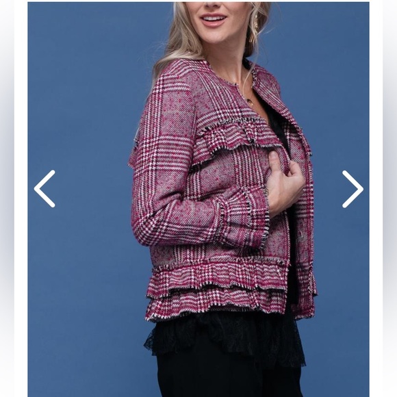 Plaid Ruffle Trim Blazer Jacket Pink Black and White Plaid Size M (Pleione) - Picture 3 of 16